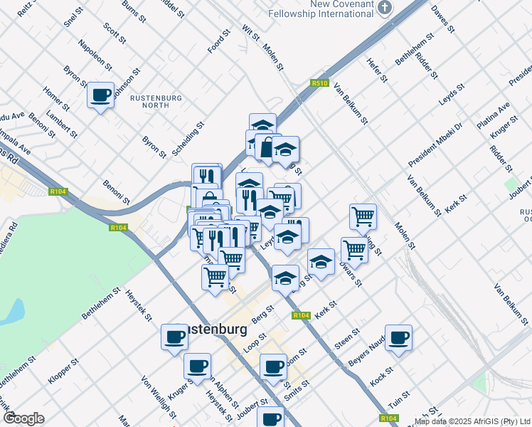 map of restaurants, bars, coffee shops, grocery stores, and more near 109 Klopper Street in Rustenburg