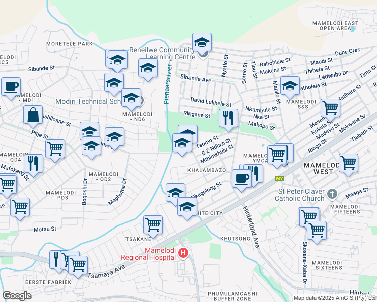 map of restaurants, bars, coffee shops, grocery stores, and more near Tsomo Street in Pretoria