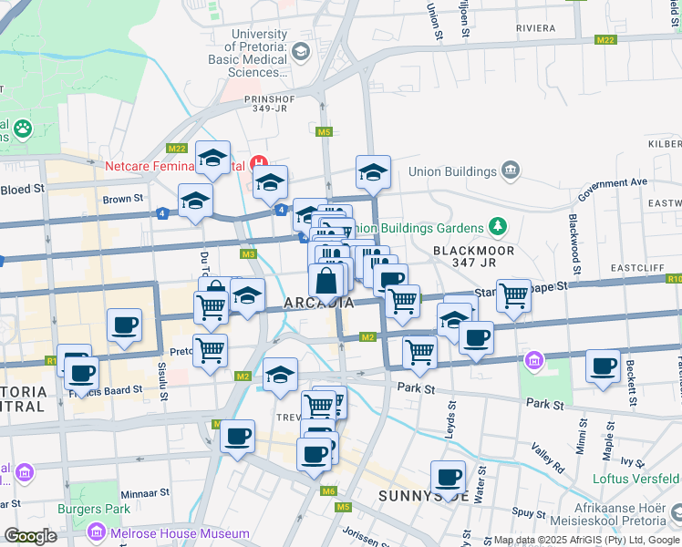 map of restaurants, bars, coffee shops, grocery stores, and more near 505 Madiba Street in Pretoria