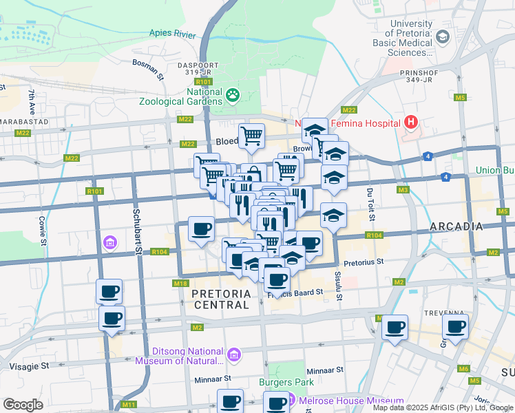 map of restaurants, bars, coffee shops, grocery stores, and more near 142 Thabo Sehume Street in Pretoria