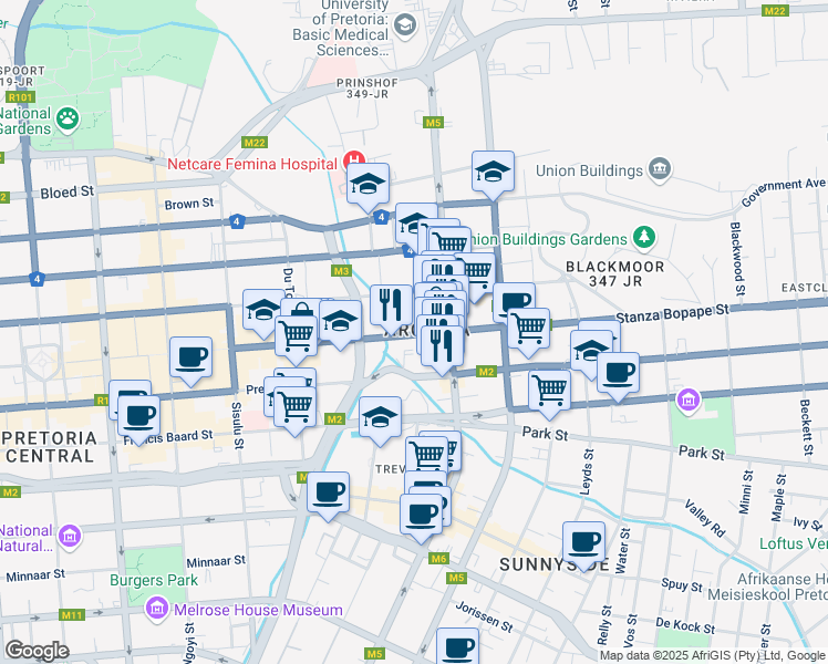 map of restaurants, bars, coffee shops, grocery stores, and more near 472 Stanza Bopape Street in Pretoria