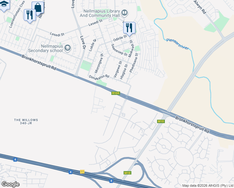 map of restaurants, bars, coffee shops, grocery stores, and more near Bronkhorstspruit Road in City of Tshwane Metropolitan Municipality