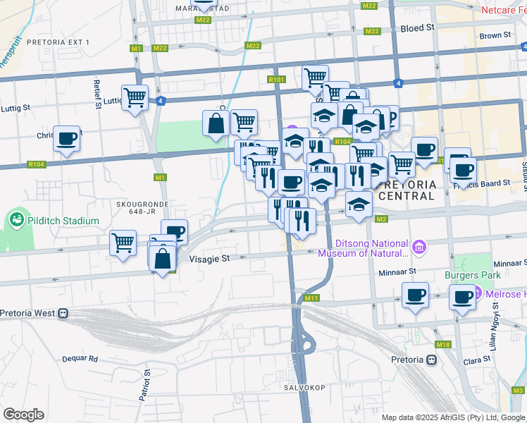 map of restaurants, bars, coffee shops, grocery stores, and more near 11 Francis Baard Street in Pretoria