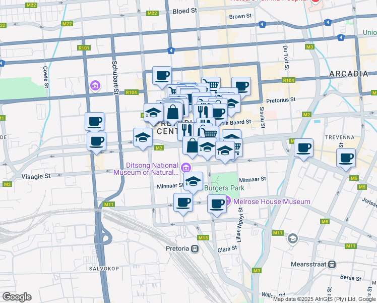 map of restaurants, bars, coffee shops, grocery stores, and more near 211 Nana Sita Street in Pretoria