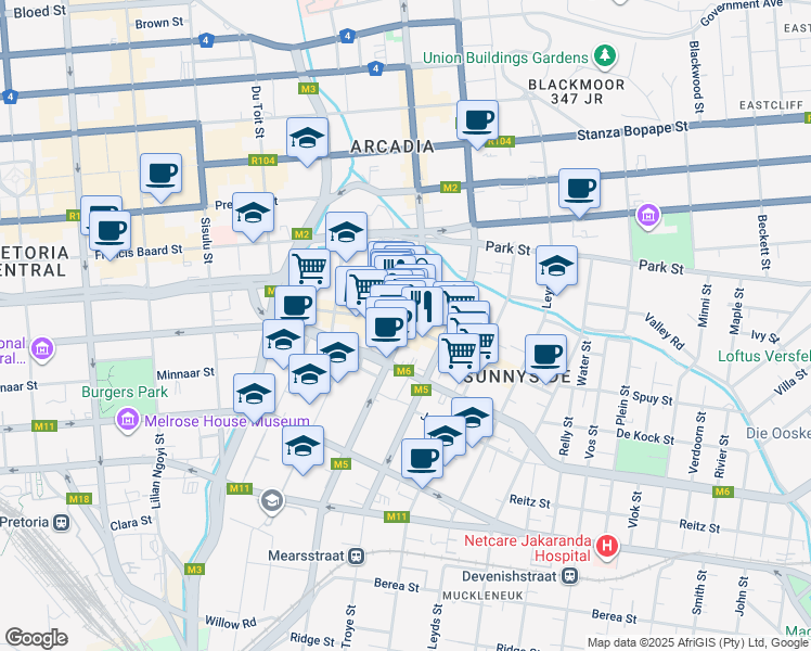 map of restaurants, bars, coffee shops, grocery stores, and more near Esselen Street in Pretoria