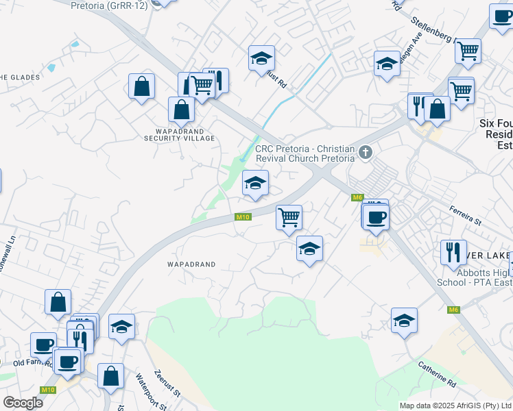 map of restaurants, bars, coffee shops, grocery stores, and more near 1051 Solomon Mahlangu Drive in Pretoria