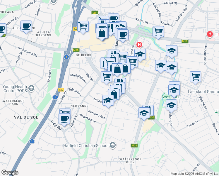 map of restaurants, bars, coffee shops, grocery stores, and more near 322 Garsfontein Road in Pretoria