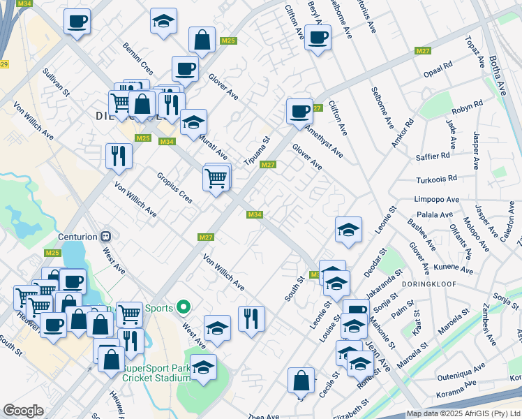 map of restaurants, bars, coffee shops, grocery stores, and more near 269 Jean Avenue in Centurion