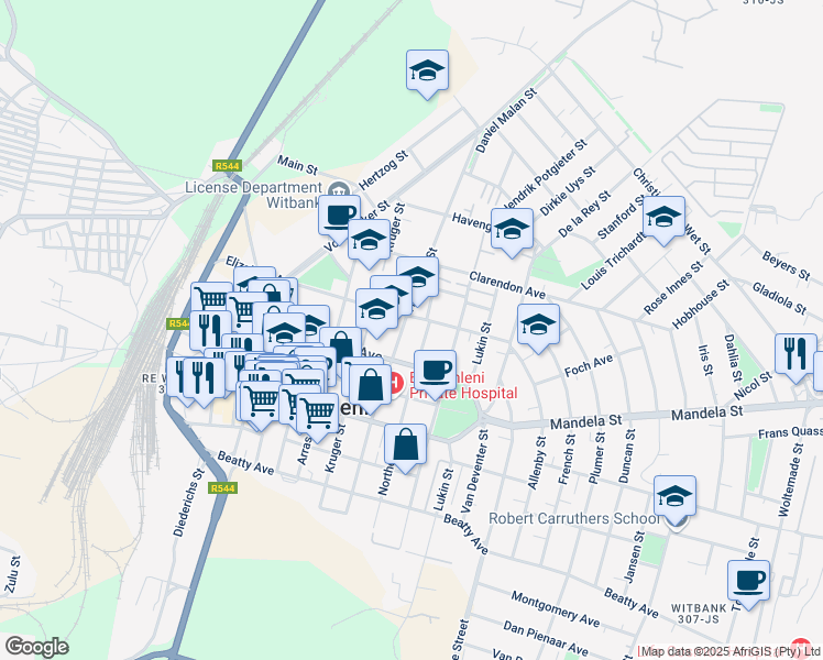 map of restaurants, bars, coffee shops, grocery stores, and more near 28 Hofmeyer Street in Emalahleni