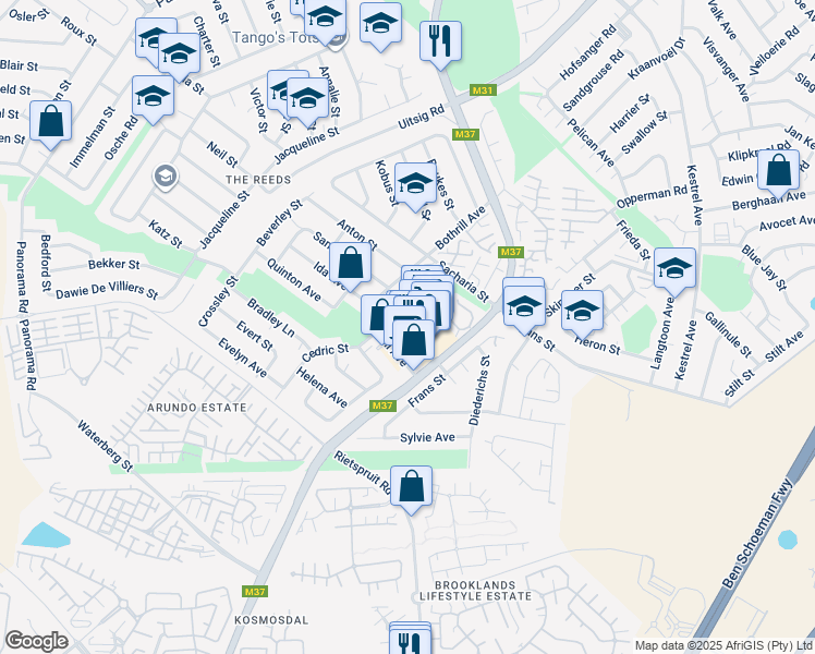 map of restaurants, bars, coffee shops, grocery stores, and more near Shop No. 47, Blu Valley Mall Bothrill Street in Centurion
