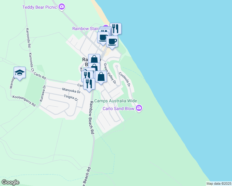 map of restaurants, bars, coffee shops, grocery stores, and more near 8 Pangatta Court in Rainbow Beach
