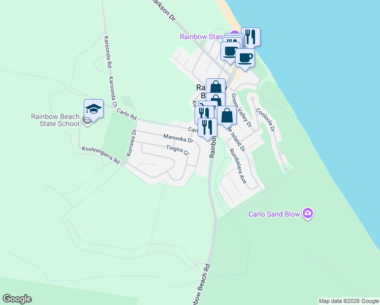 map of restaurants, bars, coffee shops, grocery stores, and more near 43 Tingira Close in Rainbow Beach