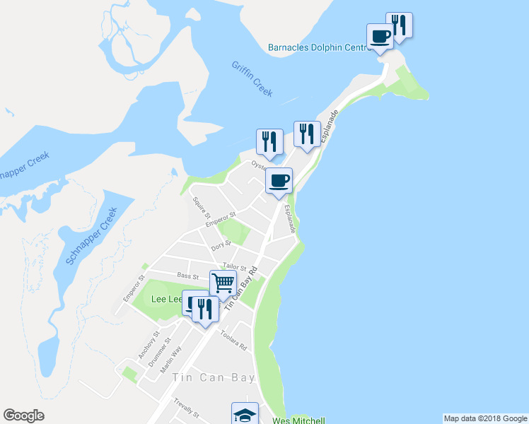 map of restaurants, bars, coffee shops, grocery stores, and more near 9 Buchanan Avenue in Tin Can Bay