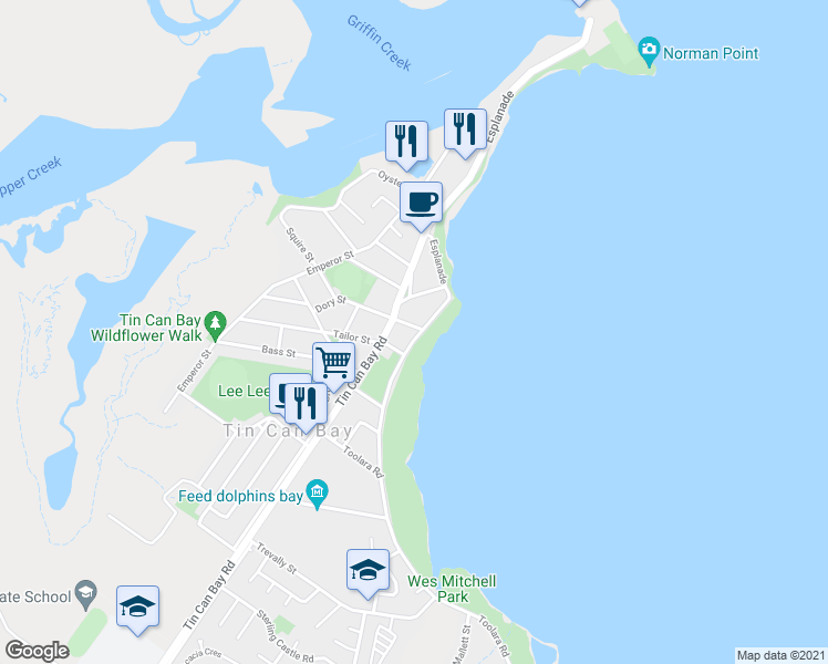 map of restaurants, bars, coffee shops, grocery stores, and more near 28 Bream Street in Tin Can Bay