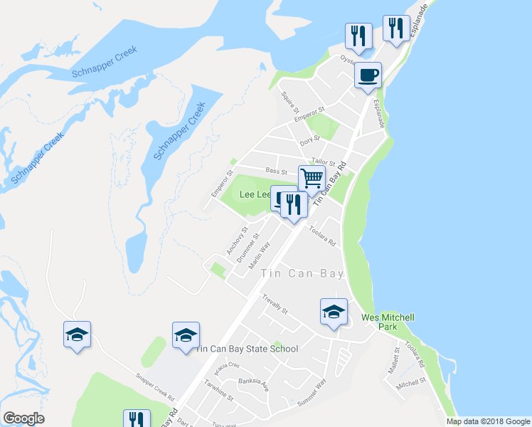 map of restaurants, bars, coffee shops, grocery stores, and more near 15 Dolphin Avenue in Tin Can Bay