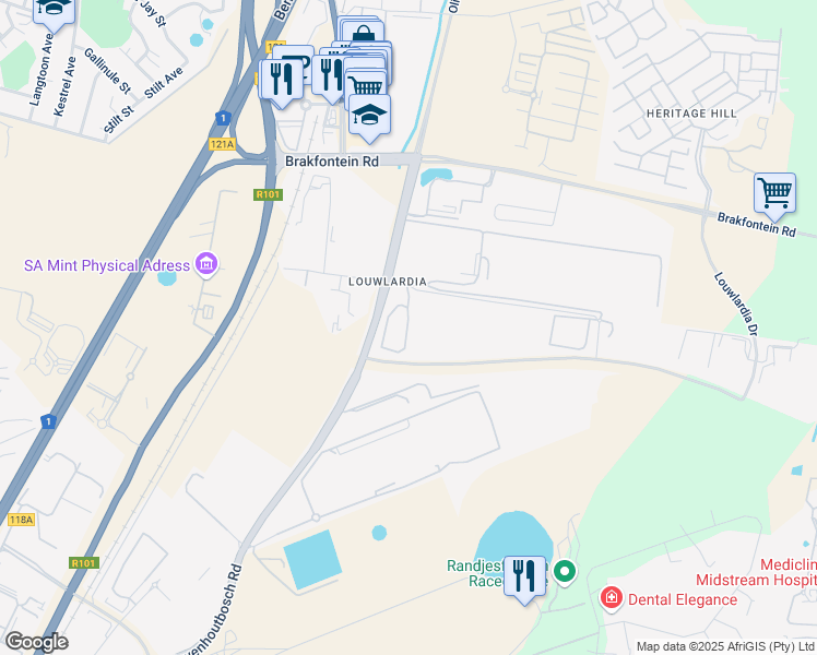map of restaurants, bars, coffee shops, grocery stores, and more near 60 Olievenhoutbosch Avenue in Centurion