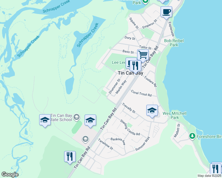 map of restaurants, bars, coffee shops, grocery stores, and more near 28 Drummer Street in Tin Can Bay