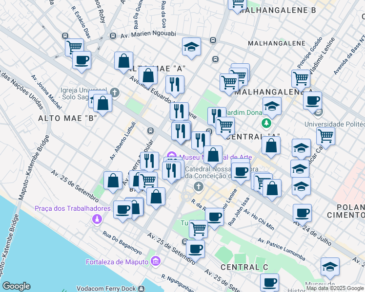 map of restaurants, bars, coffee shops, grocery stores, and more near Avenida 24 de Julho in Maputo