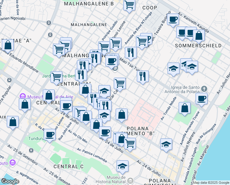 map of restaurants, bars, coffee shops, grocery stores, and more near Avenida Amilcar Cabral in Maputo