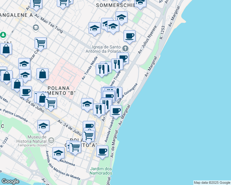 map of restaurants, bars, coffee shops, grocery stores, and more near Avenida Julius Nyerere in Maputo
