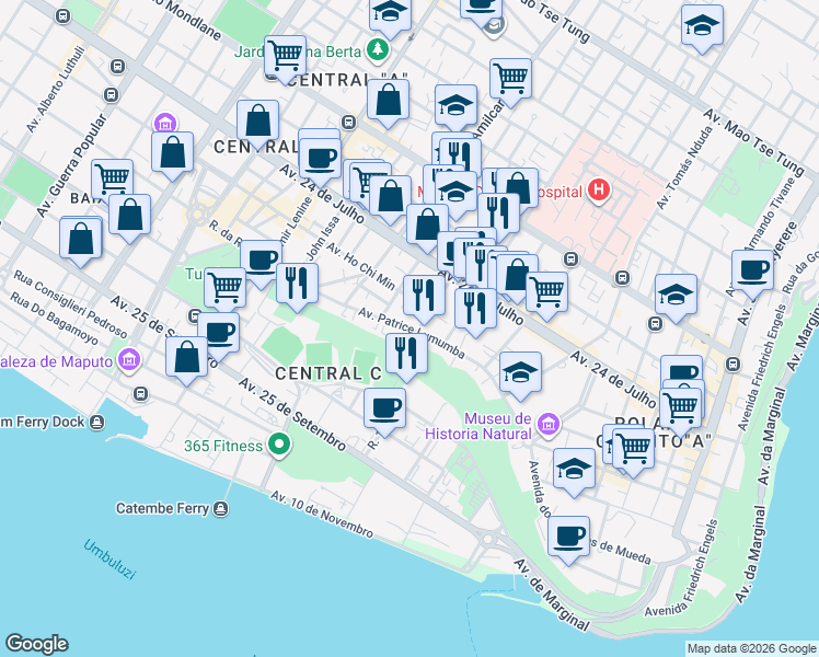 map of restaurants, bars, coffee shops, grocery stores, and more near Avenida Patrice Lumumba in Maputo