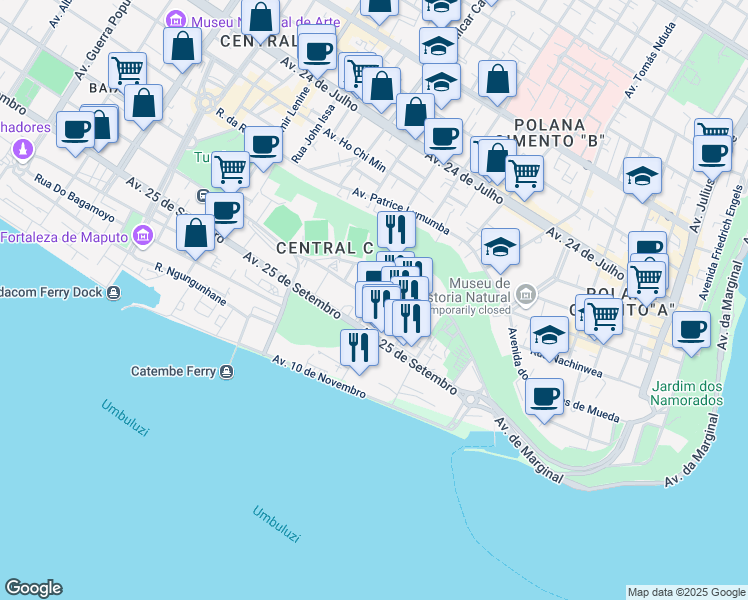 map of restaurants, bars, coffee shops, grocery stores, and more near Avenida do Presidente Carmona in Maputo