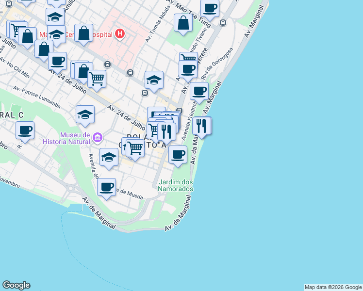 map of restaurants, bars, coffee shops, grocery stores, and more near Avenida Friedrich Engels in Maputo