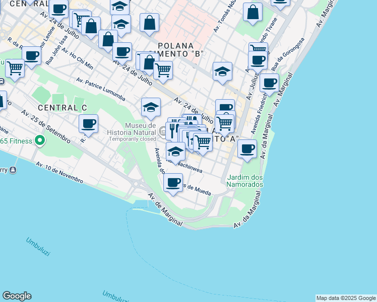 map of restaurants, bars, coffee shops, grocery stores, and more near Rua Mateus Sansao Muthemba in Maputo