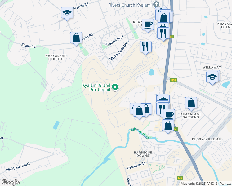 map of restaurants, bars, coffee shops, grocery stores, and more near Allandale Road in Midrand