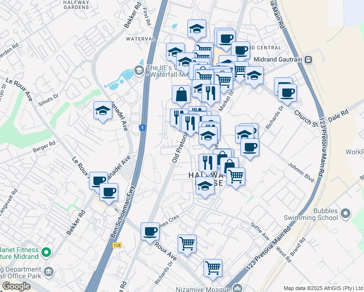 map of restaurants, bars, coffee shops, grocery stores, and more near Old Pretoria Main Road in Midrand