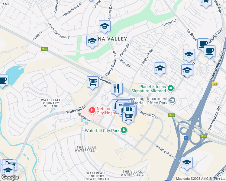 map of restaurants, bars, coffee shops, grocery stores, and more near 23 Magwa Crescent in Midrand
