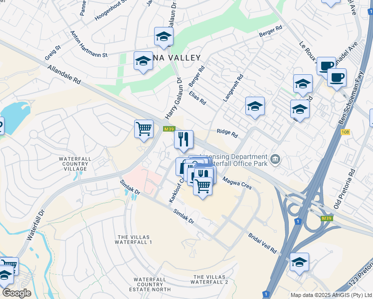 map of restaurants, bars, coffee shops, grocery stores, and more near 5 Magwa Crescent in Midrand