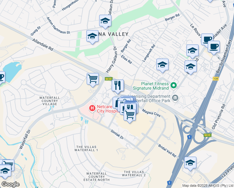 map of restaurants, bars, coffee shops, grocery stores, and more near 23 Magwa Crescent in Midrand