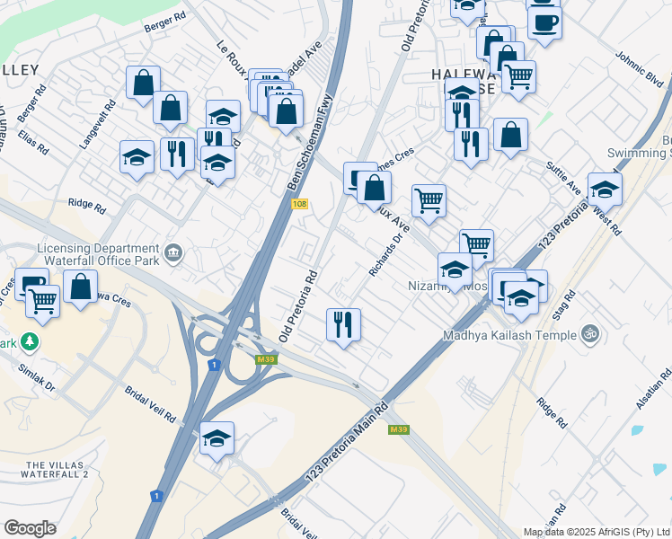 map of restaurants, bars, coffee shops, grocery stores, and more near 342 Old Pretoria Road in Midrand
