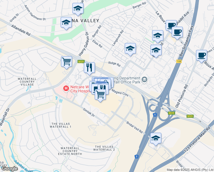 map of restaurants, bars, coffee shops, grocery stores, and more near Magwa Crescent in Midrand