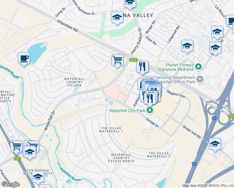 map of restaurants, bars, coffee shops, grocery stores, and more near Magwa Crescent in Midrand