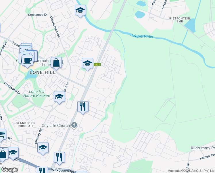 map of restaurants, bars, coffee shops, grocery stores, and more near 6 Aston Road in Sandton
