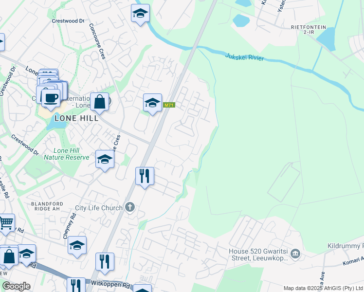 map of restaurants, bars, coffee shops, grocery stores, and more near 6 Aston Road in Sandton