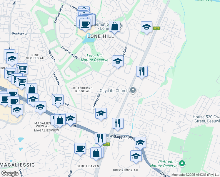 map of restaurants, bars, coffee shops, grocery stores, and more near 650 Dennis Road in Sandton