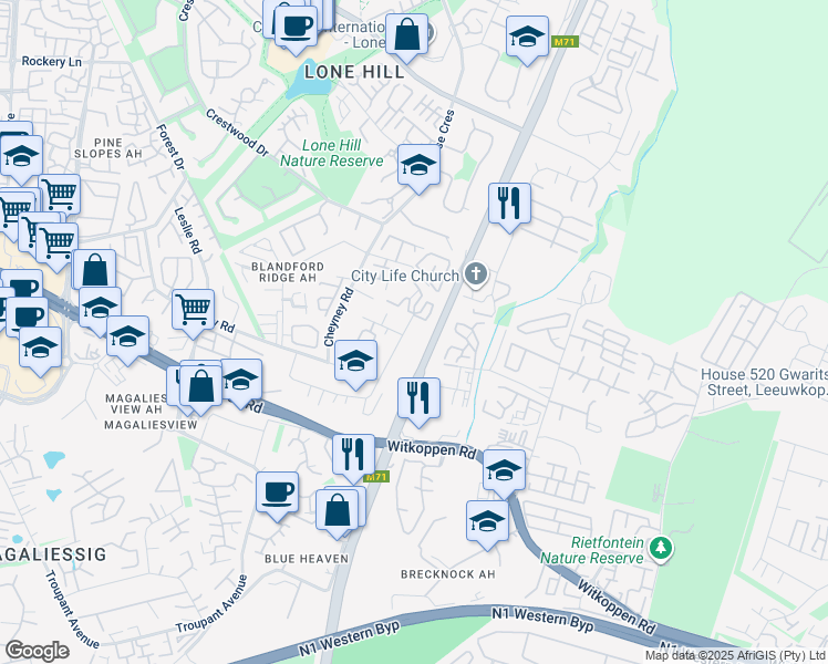 map of restaurants, bars, coffee shops, grocery stores, and more near 650 Dennis Road in Sandton