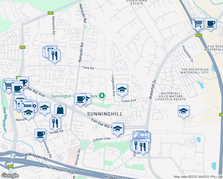 map of restaurants, bars, coffee shops, grocery stores, and more near 21 Lingerette Avenue in Sandton