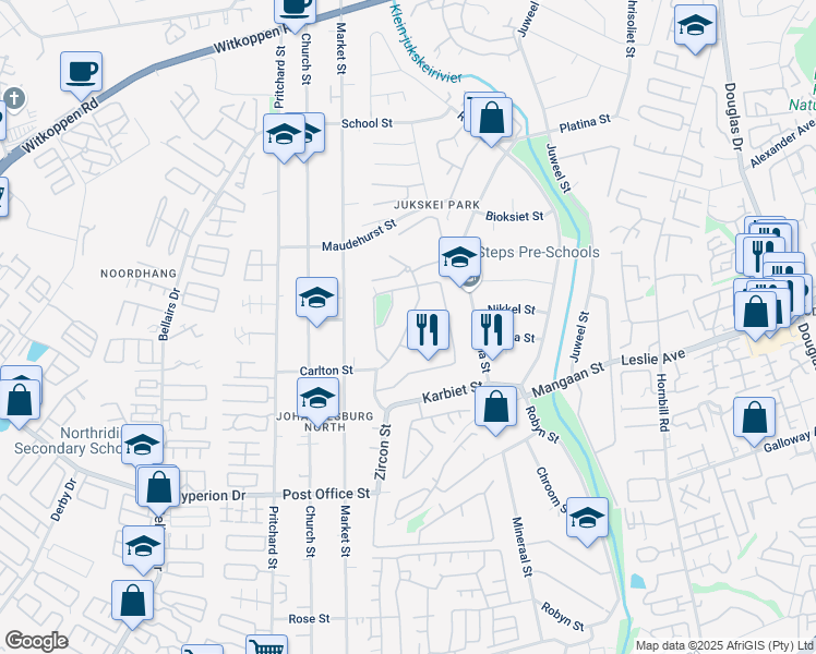 map of restaurants, bars, coffee shops, grocery stores, and more near 2 Carlton St in Randburg