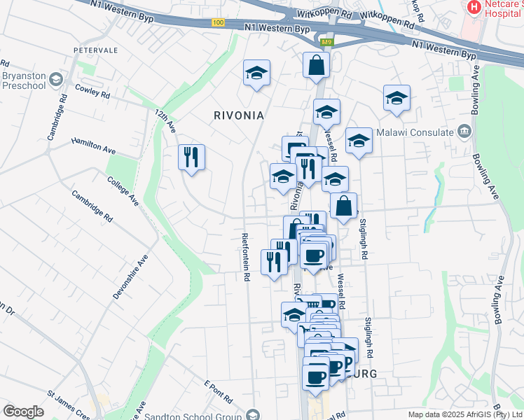 map of restaurants, bars, coffee shops, grocery stores, and more near Henry Road in Sandton