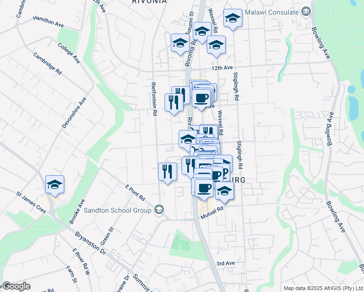 map of restaurants, bars, coffee shops, grocery stores, and more near Henry Road in Sandton