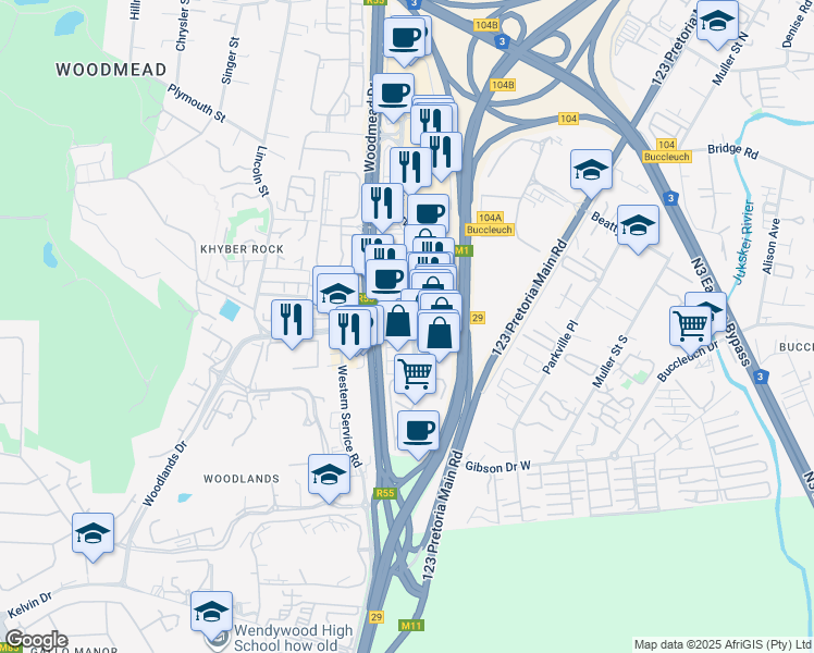 map of restaurants, bars, coffee shops, grocery stores, and more near Waterval Crescent South in Sandton