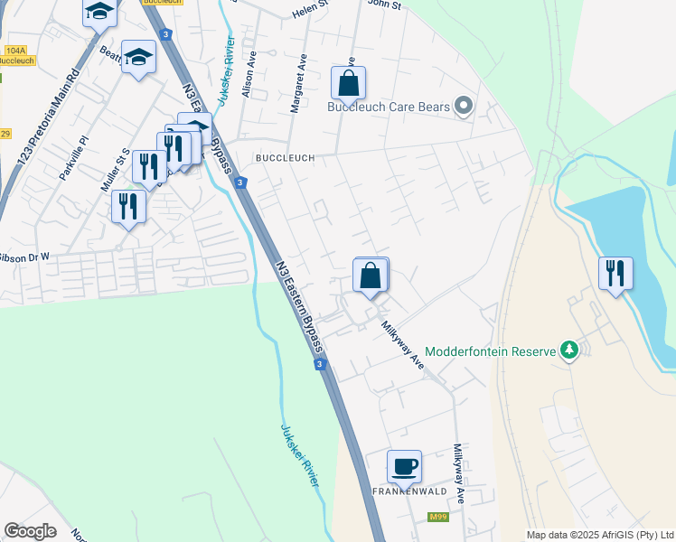 map of restaurants, bars, coffee shops, grocery stores, and more near 2A Margaret Avenue in Sandton
