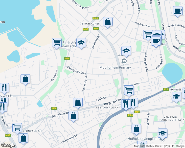 map of restaurants, bars, coffee shops, grocery stores, and more near Paradysvink Avenue in Kempton Park