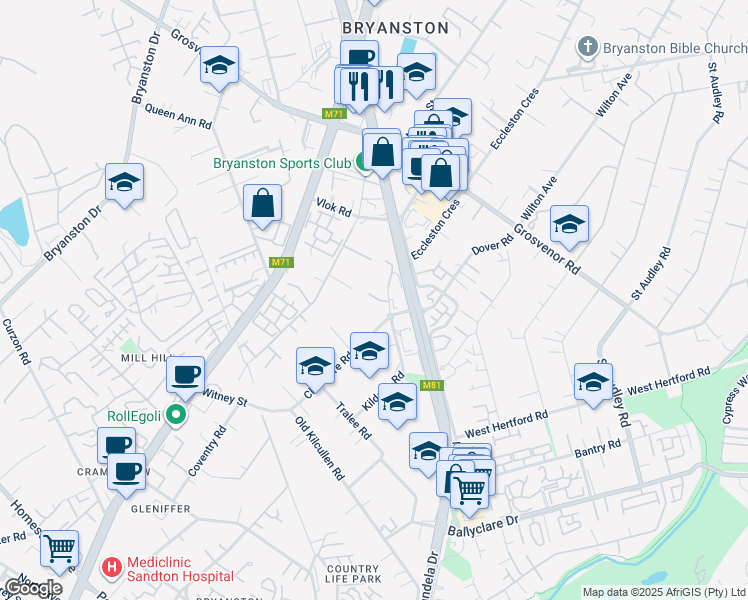 map of restaurants, bars, coffee shops, grocery stores, and more near 23 Kildoon Road in Sandton