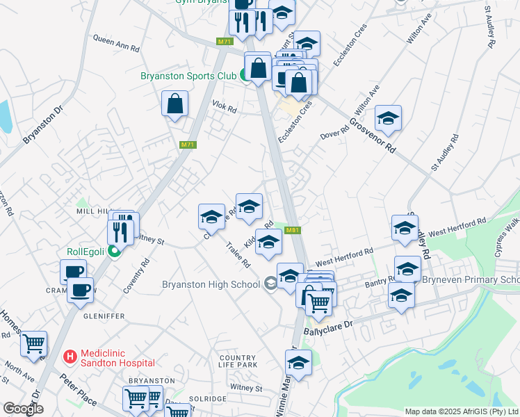 map of restaurants, bars, coffee shops, grocery stores, and more near 23 Kildoon Road in Sandton