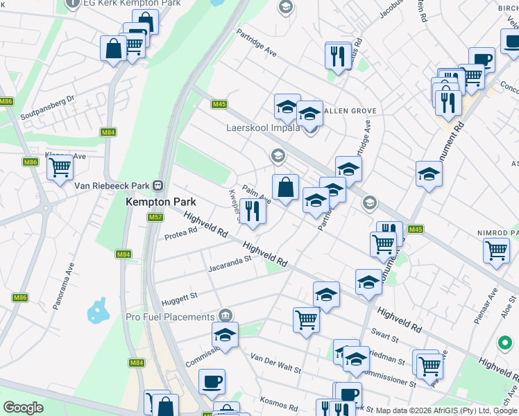 map of restaurants, bars, coffee shops, grocery stores, and more near 58 Doringboom Street in Kempton Park